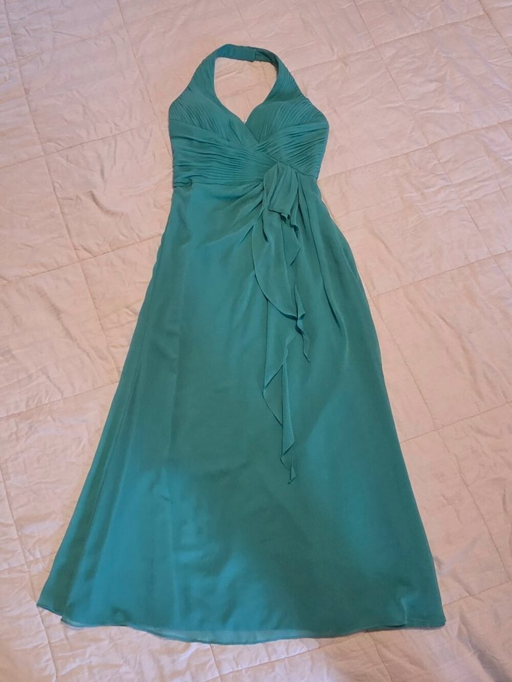 David's Bridal Teal Maxi Halter Bridesmaid Gown A-Line, Rouched Bodice, Size 10